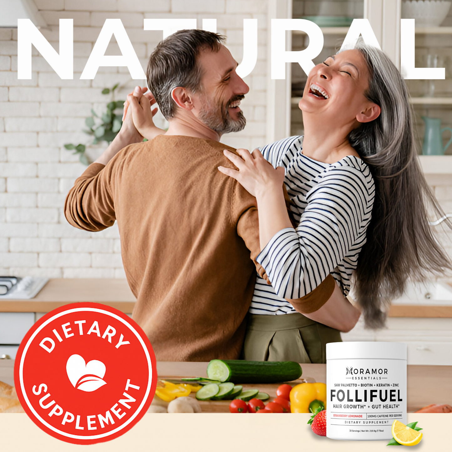 Couple embracing in a kitchen with Morano Follifuel supplement container and 'Dietary Supplement' label.