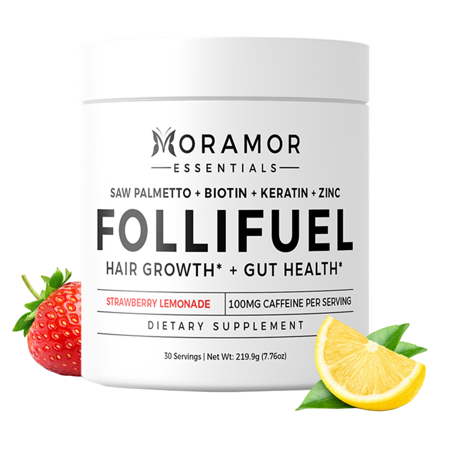 Follifuel Strawberry Lemonade Hair Growth and Gut Health Supplement with 100mg caffeine for energy and clinically proven ingredients.