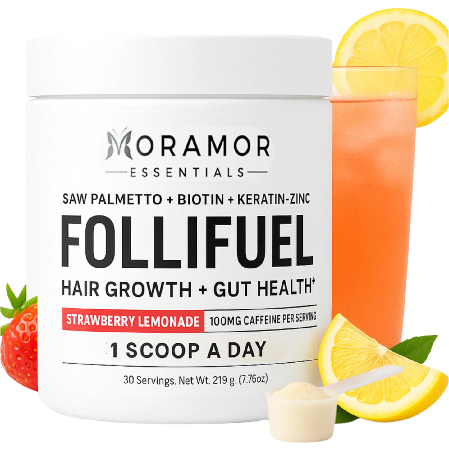 A container of Follifuel hair growth and gut health supplement in strawberry lemonade flavor, with ingredients listed on the label, accompanied by a visual of a straw and lemon slices, indicating the flavor.