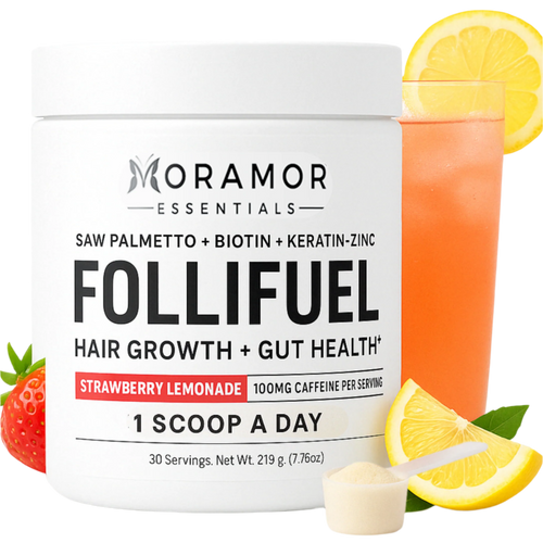 A container of Follifuel hair growth and gut health supplement in strawberry lemonade flavor, with ingredients listed on the label, accompanied by a visual of a straw and lemon slices, indicating the flavor.
