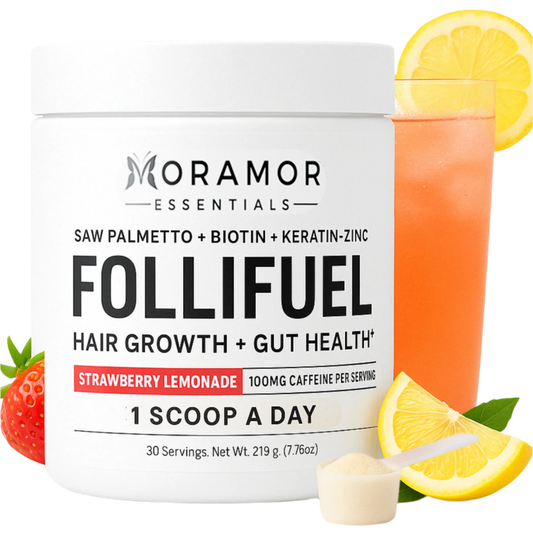 A container of Follifuel hair growth and gut health supplement in strawberry lemonade flavor, with ingredients listed on the label, accompanied by a visual of a straw and lemon slices, indicating the flavor.