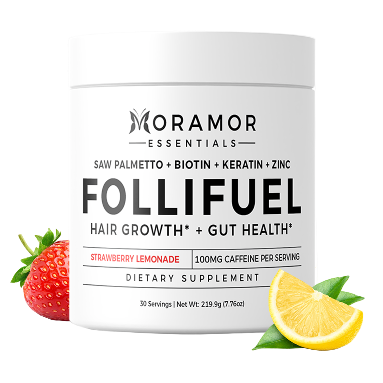 Follifuel Strawberry Lemonade Hair Growth and Gut Health Supplement with 100mg caffeine for energy and clinically proven ingredients.