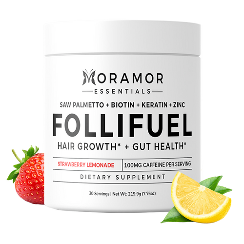 Follifuel Strawberry Lemonade Hair Growth and Gut Health Supplement with 100mg caffeine for energy and clinically proven ingredients.